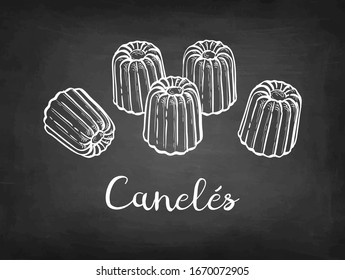 Canele. French pastry. Chalk sketch on blackboard background. Hand drawn vector illustration. Retro style.