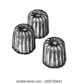 Canele. French pastry. Ink sketch isolated on white background. Hand drawn vector illustration. Retro style.