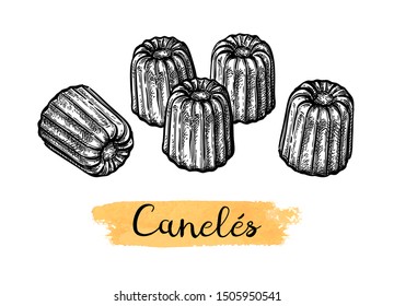 Canele. French pastry. Ink sketch isolated on white background. Hand drawn vector illustration. Retro style.