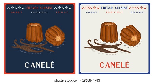 Canele with vanilla classic French pastry vintage illustration