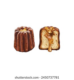 Caneles de Burdeos, pastelería tradicional francesa. Pastel de canela. Acuarela, ilustración