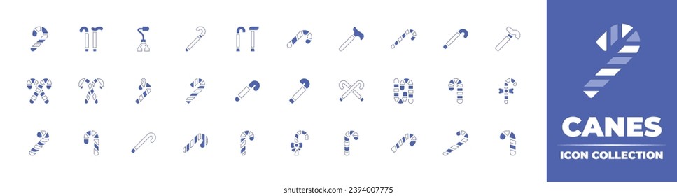 Canes icon collection. Duotone style line stroke and bold. Vector illustration. Containing walking stick, candy cane, cane, canes, walking aid.