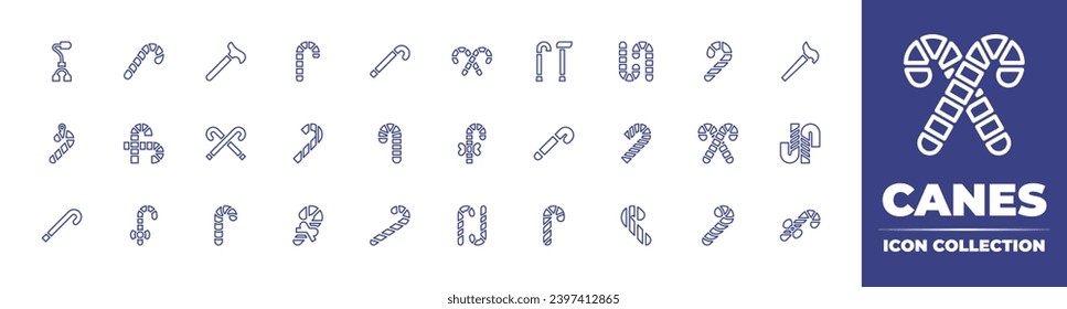 Canes line icon collection. Editable stroke. Vector illustration. Containing walking stick, candy cane, cane, canes, walking aid.