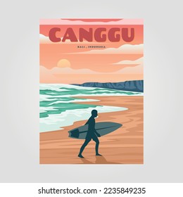 playa de canggu con vista al atardecer diseño de póster vintage, bali diseño de afiches de viaje