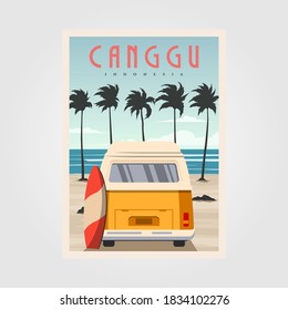 canggu beach with vintage car background design, surfing poster vintage illustration design.