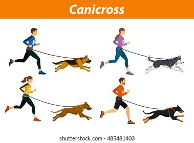 Canicross Outdoor Training mit Hunden. Männer, Frauen, Gruppen von Hunden, die von Hunden gezogen werden, einzelne Vektorgrafik