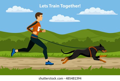 Canicross Sport Cross Country Training. Man running with his dog outdoor.