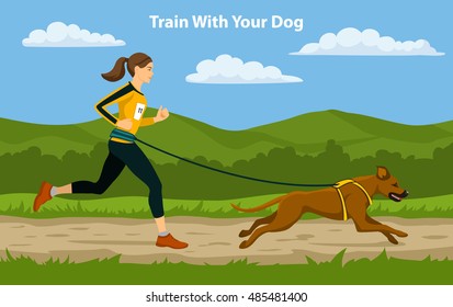 Canicross Sport Cross Country Training. Woman running with her dog Rhodesian Ridgeback outdoor. 