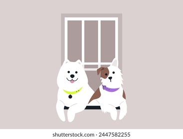 Canine Companions Perched in a Window Frame at Dusk, A pair of joyful dogs peers out from a cozy window, greeting the evening