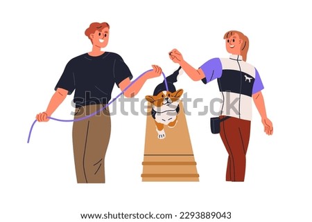 Canine professional, dog trainer teaching cute puppy. Pet owners training doggy. Corgi pup during agility, obedience activity, education. Flat graphic vector illustration isolated on white background