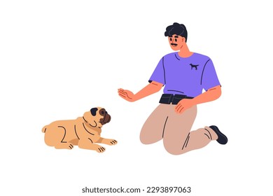 Canine specialist giving command to puppy. Professional dog trainer gesturing with hand palm, teaching, training doggy to lay down. Flat graphic vector illustration isolated on white background