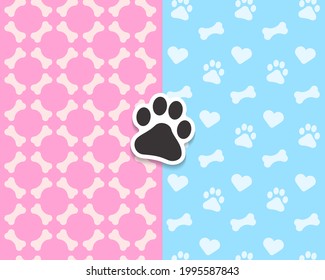 Canine style flat seamless patterns set. Color vector theme template with dog paw sign in the front. Design elements on the subject of dogs, pets, puppies.