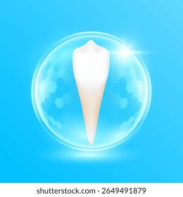 Canine teeth in a transparent hexagonal bubble dome modern on blue background. Human tooth organ strong and healthy. Dentist medical health care and protection. 3D Vector EPS10.