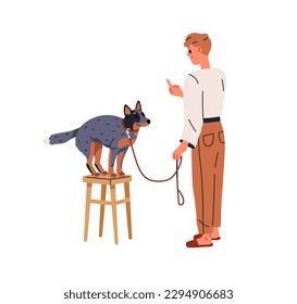 Canine trainer teaching dog. Pet owner training sit down command with purebred doggy, gesturing to puppy with finger. Obedience education. Flat vector illustration isolated on white background