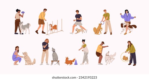 Canine trainers, owners training dogs agility, obedience, education. People giving commands to puppies, exercising with doggies, teaching pups. Flat vector illustrations isolated on white background