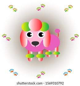 Canine vector art in multi color with scattered paw prints.