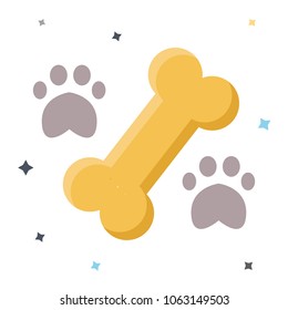 Canine yellow bone for dog with dogs tracks. Food for dog, vet clinic, pet shop, sites. Bait in retro vintage. Modern flat style vector illustration icons. 
Isolated on white background. Bait for dog