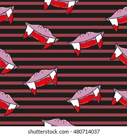 Canines vampira. Seamless pattern. Beautiful lips. Women. Halloween. Sticker for your design