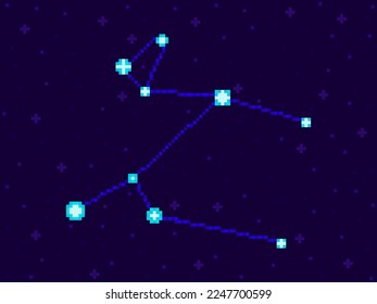 Canis Mayor constelación en estilo de arte de píxeles. Estrellas de 8 bits en el cielo nocturno al estilo de videojuegos retro. Grupo de estrellas y galaxias. Diseño para aplicaciones, carteles y afiches. Ilustración del vector