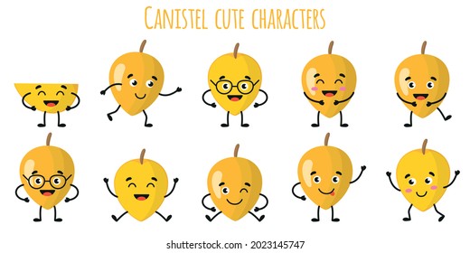Canistel fruit cute funny cheerful characters with different poses and emotions. Natural vitamin antioxidant detox food collection. Vector cartoon isolated illustration. Children concept.