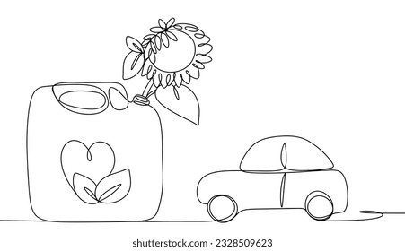 Canister with biofuel from vegetable fats. Ecological fuel for cars. International Biodiesel Day. One line drawing for different uses. Vector illustration.