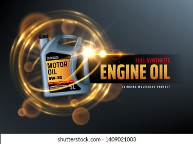 Canister Of Engine Motor Oil, Full Synthetic Clinging Molecules Protection. Vector Vehicle Engine Lubricant Oil Change Logo With Blurred Golden Bubbles. Promotion And Advertisement Of Car Oils