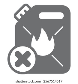 Canister of flammable liquid ban solid icon, prohibited items concept. Vector graphics. Gasoline with fire forbidden sign on white background, glyph style icon for mobile or web design