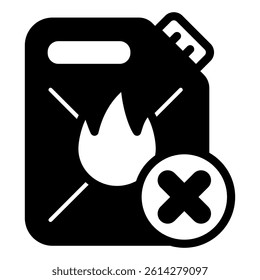 Canister of flammable liquid ban solid icon, prohibited items concept. Vector graphics. Gasoline with fire forbidden sign on white background, glyph style mobile or design