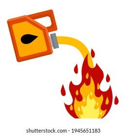 Canister with fuel. Container with oil. Flammable object. Danger and fire. Watering a Dangerous flame. Flat cartoon icon illustration isolated on white background. Red gas tank