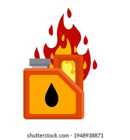 Canister with fuel. Container with oil. Flammable object. Danger and fire. Dangerous flames. Flat cartoon icon illustration isolated on white background. Red gas tank