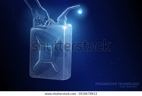 \
Canister with fuel in hand, on a\
dark blue background, symbol of hydrocarbons, and internal\
combustion engines polygonal concept vector\
illustration.