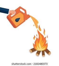 Canister with fuel. Red gas tank. Container with oil. Flammable object. Danger and fire. Watering a Dangerous flame. Flat cartoon icon illustration isolated on white background Eps 10
