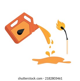 Canister with fuel. Red gas tank. Container with oil. Flammable object. Danger and fire. Watering a Dangerous flame. Flat cartoon icon illustration isolated on white background Eps 10