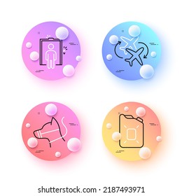 Canister oil, Connecting flight and Dog leash minimal line icons. 3d spheres or balls buttons. Elevator icons. For web, application, printing. Gasoline fuel, Airport, Dog muzzle. Lift. Vector
