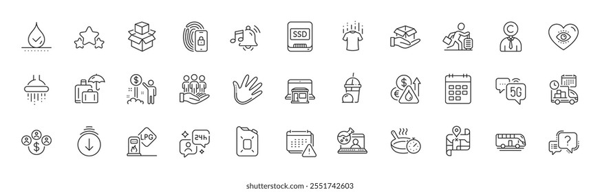 Canister oil, Copyrighter and Waterproof line icons. Pack of Bus tour, Meditation eye, Scroll down icon. Frying pan, Best buyers, Ice cream milkshake pictogram. Luggage insurance. Line icons. Vector