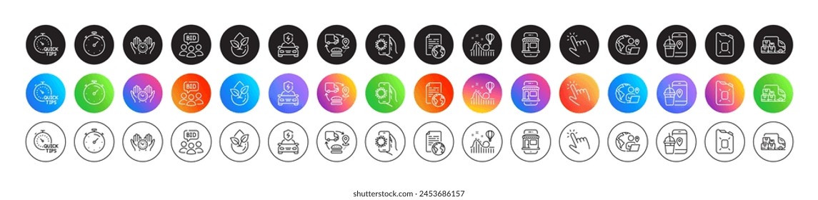 Canister oil, Organic product and Internet document line icons. Round icon gradient buttons. Pack of Roller coaster, Covid app, Safe time icon. Food app, Quick tips, Auction pictogram. Vector