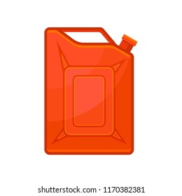 Canister for petrol. Car fuel. Bright orange metal container. Flat vector element for poster or banner