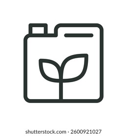 Canister with sprout line icon, can with plant leaves vector symbol with editable stroke