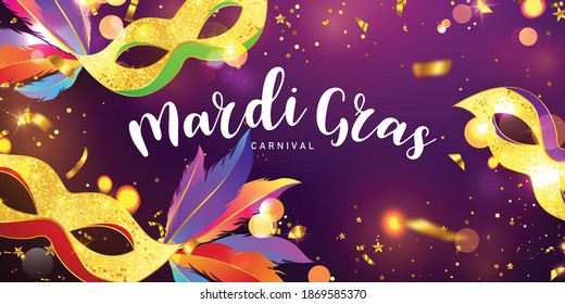 canival masks confetti Mardi Gras banner template. Vector illustration.
