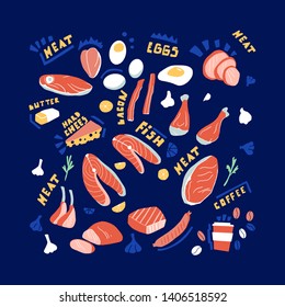 Canivore diet. Hand drawn elements of carnivore diet as fish, meat, eggs, coffee. 