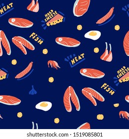 Canivore diet. Hand drawn elements of carnivore diet as salmon, steak, bacon. meat. Seamless vector pattern.