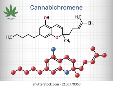 Cannabichromene, CBC molecule. It is phytocannabinoid found in Cannabis sativa and Helichrysum species. Structural chemical formula, molecule model. Sheet of paper in a cage. Vector illustration