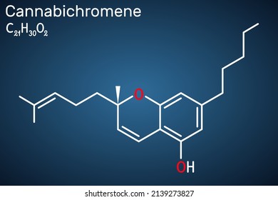 Cannabichromene, CBC molecule. It is phytocannabinoid found in Cannabis sativa and Helichrysum species. Structural chemical formula on the dark blue background. Vector illustration