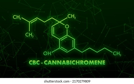 Cannabichromene formula. Cannabichromene or CBC cannabinoid molecule. neon icon