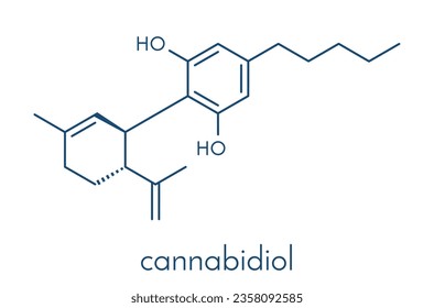 Cannabidiol (CBD) cannabis molecule. Has antipsychotic effects. Skeletal formula.