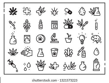 Cannabidiol Icon Set. CBD, Cannabis, Treatment, Weed, Tobacco And More, Fun, Syringe, Vector