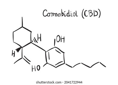 Cannabidiol molecule formula. Hand drawn imitation of CBD structural model, phytocannabinoid chemistry skeletal formula, thc vector icon symbol