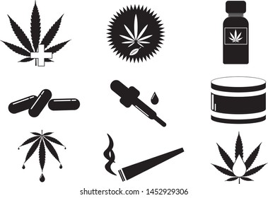 Cannabidiol oil (CBD oil) vector icon set with twelve black and white logo type images 