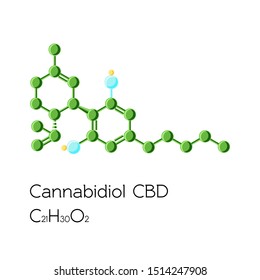 Cannabidiol structural molecular formula and text isolated on white background. Cartoon vector illustration.