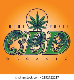 Cannabidiol word lettering with weed leaf ornate vector illustrations for your work logo, merchandise t-shirt, stickers and label designs, poster, greeting cards advertising business company or brands